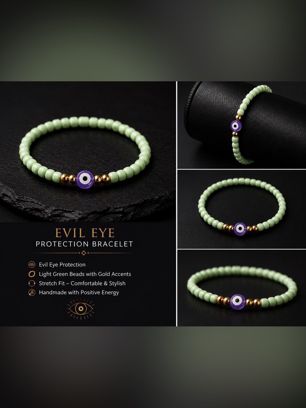 Evil Eye Green Beaded Bracelet with Gold Accents #35